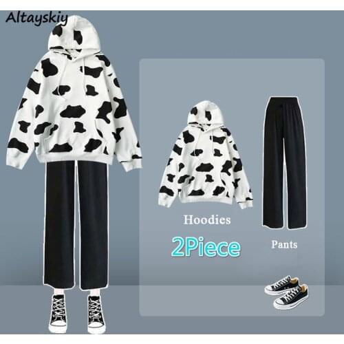 Women Sets 2 Piece Printed Loose Plus Size Hooded Pullovers Harajuku Causal Hoodies Wide Leg Pants All-match Korean Style Female