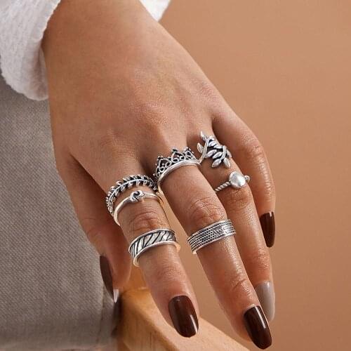 New retro personality lady charm ring geometric leaf knotted crown wide pinstripe ring set