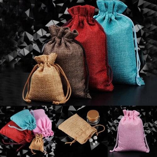 10Pcs Natural Burlap Linen Jute Drawstring Pocket Party Favors Packaging Bag Wedding Candy Gift Sacks