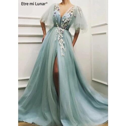 2020 Turquoise Sexy High Slit V-Neck Tulle Prom Dress Applique Flowers Formal Party Gown A- Line Evening Dress Plus Size LE4047