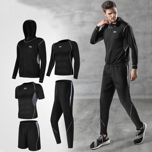 5 Pcs Mens Compression Pants Shirt Top Long Sleeve Jacket Athletic Sets Running Jogging Sport Wear Gym Exercise Workout Tights