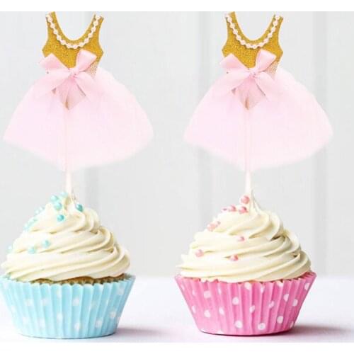 5pcs Girls Birthday Cupcake Topper Decor Glitter Princess Tutus Dress Cake Toppers Ballerina Skirt Cupcake Picks Party Supply