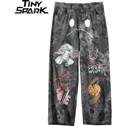 2021 Hip Hip Pants Streetwear Men Loose Denim Pants Graffiti Print Black Vintage Denim Pants Harajuku Joggers Trousers Cotton