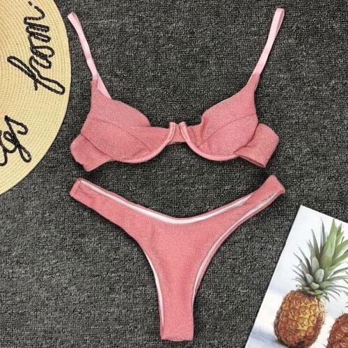 Padded Bra Bikini 2019 Shiny Swimwear Set Ladies Push Up Padded Triangle Swimwear Bathing Solid Color Thong Bra 2 Pieces Suit