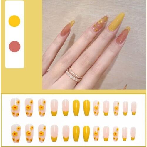 24pcs/set Long Coffin Shaped Fake Nails Summer Cute Yellow Flower Pattern Ballet Nails Art with Glue Beauty Acrylic Full Tips