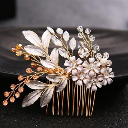 FORSEVEN Baroque Gold Color Hair Combs Jewelry Tiara Crystal Pearl Flower Bride Hair Jewelry Bridal Wedding Hair Accessories JL