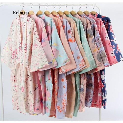 17Colors Cotton Woman Kimono Pajamas Yukata Japanese Style Floral Loose Long Sleepwear NightGown Cardigan Leisure Bathrobe