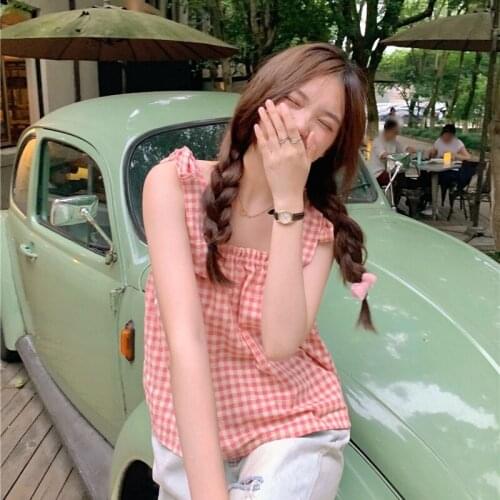 Korean Summer New Preppy Style Sling Square Collar Vintage Kawaii Bandage Bow Sleeveless Sweety Ruffles Ruffles Plaid Camis Tops