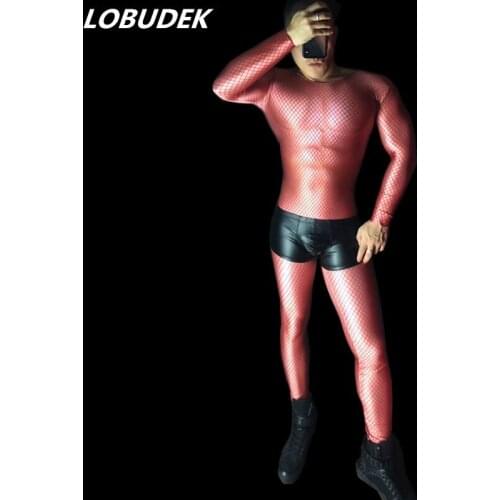 Red Black Grid pattern Print Skinny Stretch Jumpsuit Sexy Nightclub Male Party Dance Costume Bar DJ Singer Pole Dance Stage Wear