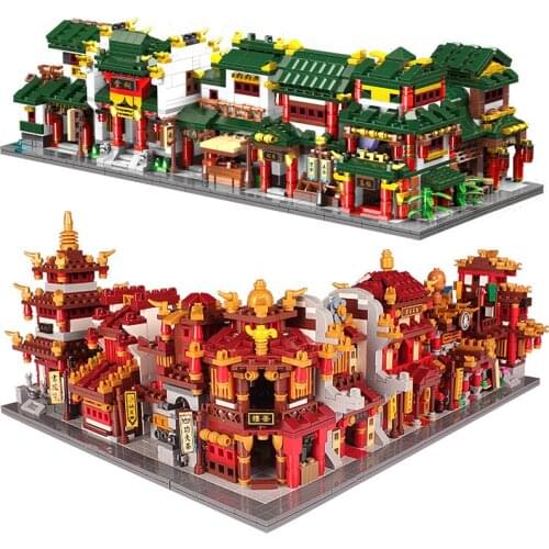 Mini China Town City Street Building Blocks Chinese Architecture Inn Tea House Model Kits Figures Bricks DIY Toys for Kids Gift