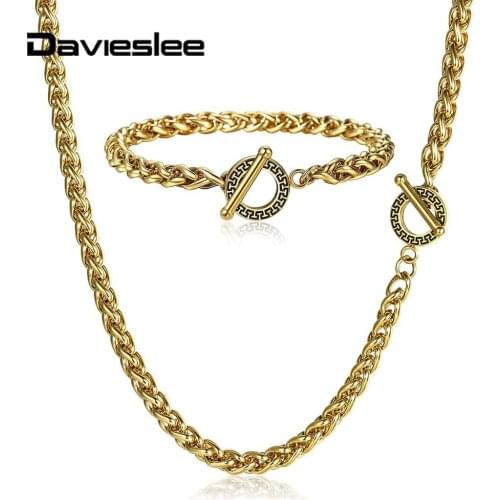 Necklace Bracelet Set for Men Women 4/5mm Stainless Steel Chain Unique Patterns Toggle Clasp Wheat Link Chain Jewelry Set DTSS08