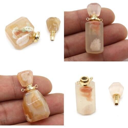 Natural Stone Perfume Bottle Pendant Cherry Blossom Agates Essential Oil Diffuser Connector for Jewelry Making DIY Necklace Gift