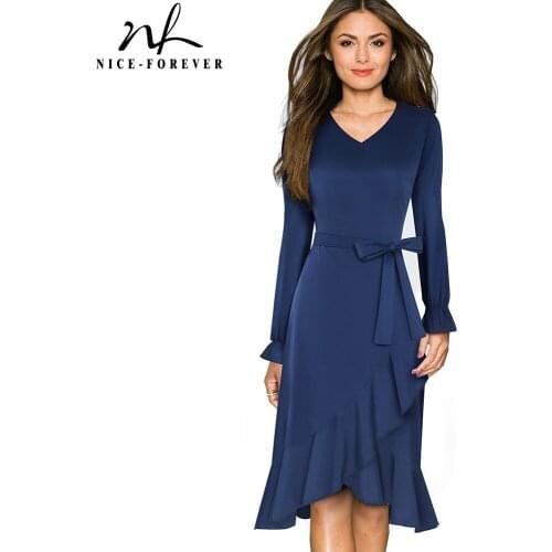 Nice-forever Autumn Women Retro Elegant Peplum Dresses Business Formal Party A-line Dress btyA184