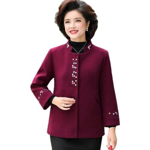 New Womens Embroidered Woolen Coat Plus Size Loose Autumn Winter Casual elegant Wool Coat Middle-aged Female Outerwear R627