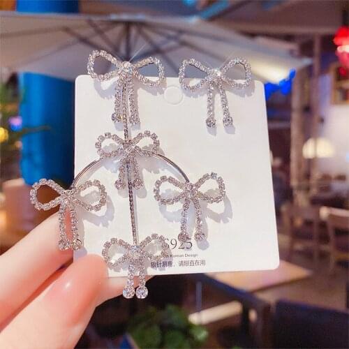 Origin Summer Bling Bling Rhinestone Bow-knot Dangle Earring for Women Girls Asymmetry Hollow Out Earring Jewelry Pendientes