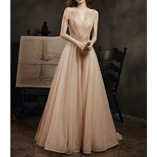 Nude Pink Prom Dresses V-neck A Line Shiny Beading Sequined Pleat Floral Print Beauty Pageant Princess Wedding Evening Gowns New