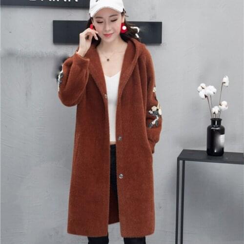 Girl Casual Long Knitted Cardigan Autumn Korean Women Loose embroidery Floral Pocket Design Sweater Jacket Female Knitted coats