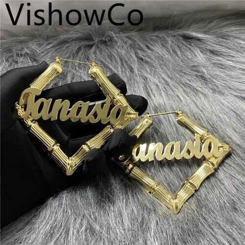 Custom Name Earrings Stainless Steel Shape Earrings Customized Name Earrings Bamboo Style Custom Hoop Earrings Numbers