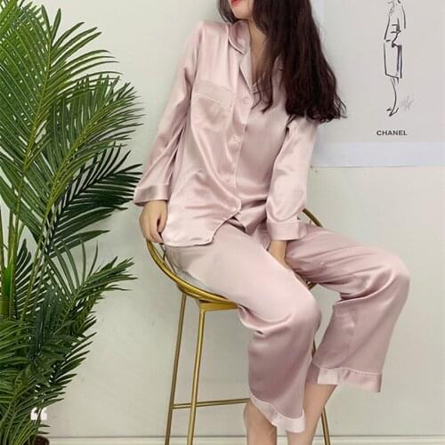 Fdfklak Silk Pajamas Pyjama Femme Sexy Women Pijama Night Suit Large Sizes M-XXL 2020 Spring New Pink Silk Sleepwear Set