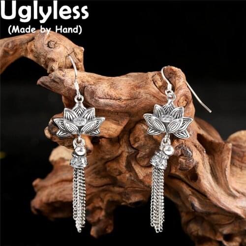 Uglyless Retro Thai SIlver Blooming Lotus Flower Earrings for Women Multi Chains Tassel Earrings 925 Silver Ethnic Dress Jewelry