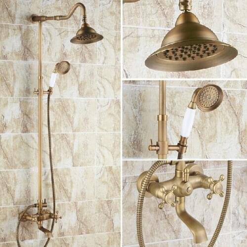 Vintage Retro Antique Brass Dual Cross Handles Bathroom Round Rain Shower Faucet Set Tub Mixer Tap Hand Shower mrs100