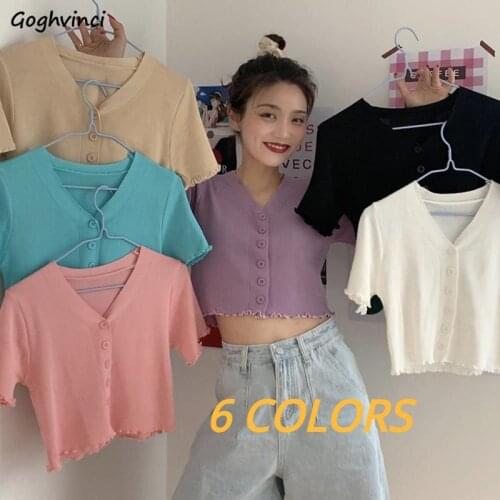 6 Colors Short Butterfly Sleeve T-shirts Women Single-breasted V-neck Knitted Crop Tops Fungus Sweet Girls Purple Tees Elegant