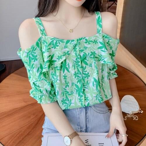 Womens Blouse Summer Fashion One Shoulder Sling Floral Chiffon Print Short Sleeve Top Bluas Women Shirts Blouses