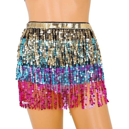 Womens Belly Dance Hip Scarf Belt Sequin Tassel Hip Skirt Colorful Waist Chain 3 Layers Fringe Dance Show Mini Skirt Clubwear
