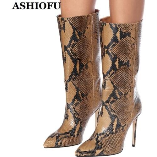 ASHIOFU New Handmade Ladies High Heel Boots Faux-snake Leather Sexy Party Prom Mid-calf Boots Pointed-toe Evening Fashion Boots