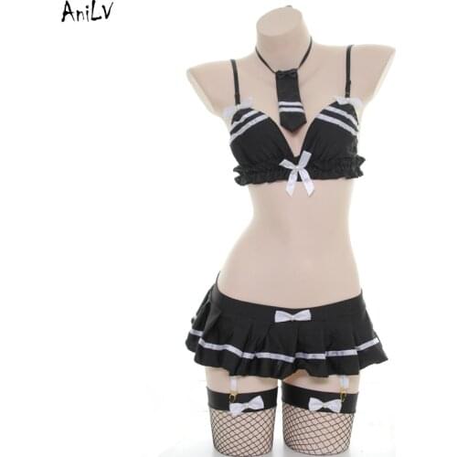 AniLV Japanese Anime Comics Girl Black Bikini Swimsuit Pleated Skirt Costume Beach Lolita Swimwear Uniform Pool Party Cosplay