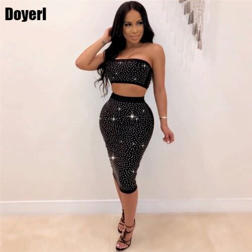 Ladies Sexy Two Piece Sets Party Women Summer Sets Elegant 2 Piece Crop Top and Bodycon Skirt Set Rhinestone Sexy Club Outfits