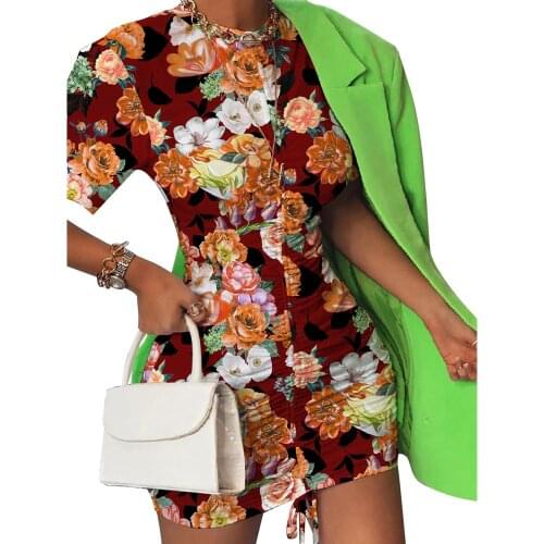 Bohe Flower Print Sweet Girl Dress Women 's Short Sleeve Bandage Mini Sundress Elegant Summer Dress Ladies Clothing Wholesale