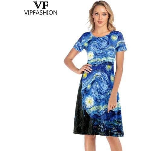 VIP FASHION Summer Short Sleeve Dress Women Van Gogh Star and Moon Night Painting Printed Knee-Length Dress O-Neck Smock Dress