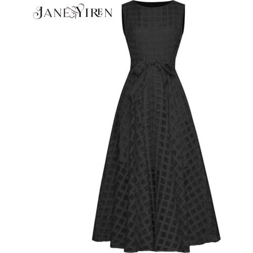Janeyiren Fashion Designer Female dress Summer Womens Dress Sleeveless Lace up Party Plaid Elegant Ball Gown Dresses