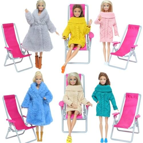 3 Pcs/Set = 1 Doll Wool Coat Winter Dress + 1 High Quality Shoes + 1 Beach Chair Accessories for Barbie Doll Baby Girl House Toy