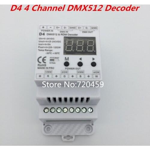 D4 4 Channel DMX512 Decoder DC5-24V input;5A*4CH output Constant Voltage RGB/RGBW Controller for LED Strip Lighting Lamp Bulbs