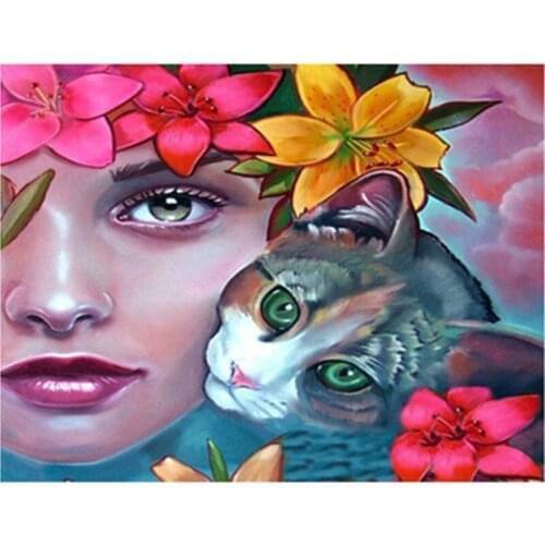 Diamond Mosaic Diy Diamond Embroidery Beautiful Woman And The Kitten Diamond Painting Cross Stitch Floral Rhinestone Decorations