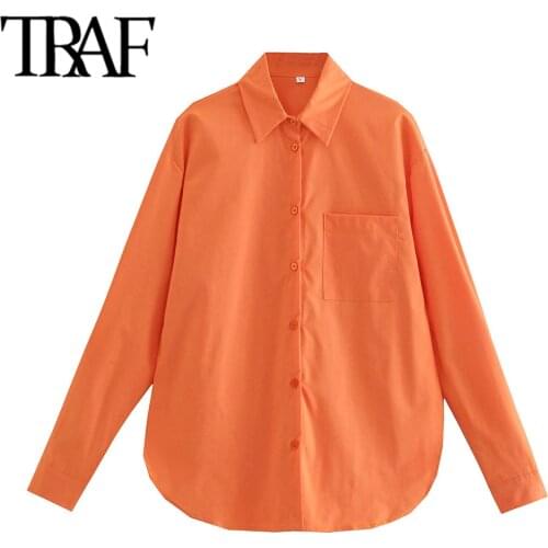 TRAF Women Fashion With Pockets Loose Blouses Vintage Long Sleeve Button-up Female Shirts Blusas Chic Tops