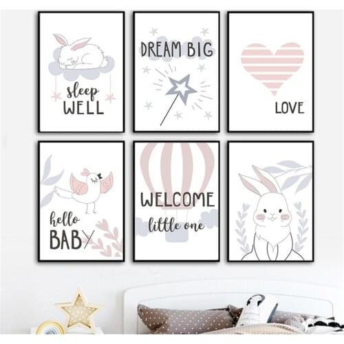 Baby Nursery Wall Art Canvas Print Cartoon Rabbit Heart Posters Nordic Painting Decorative Balloon Dream Big Kids Bedroom Decor