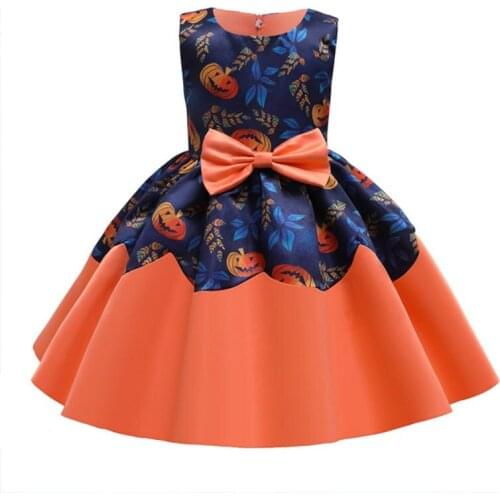 Child Knee Length Skirt Costumes Pumpkin Print Party Flower Girl Princess Dress Kid Halloween New Clothes Teens Sleeveless Wear