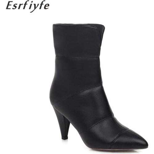 ESRFIYFE 2020 New PU Leather Women Ankle Boots Pointed Toe Rubber Footwear High Heels Female Boots Winter Black Shoes Woman
