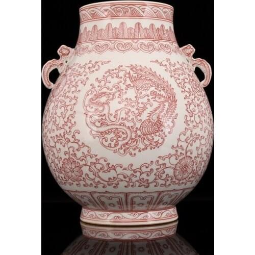 Ceramics Double Ears Ming Dynasty Handpainting Handmade Antique Vase With Underglaze Red Lotus Elegant and Beautiful Treasure