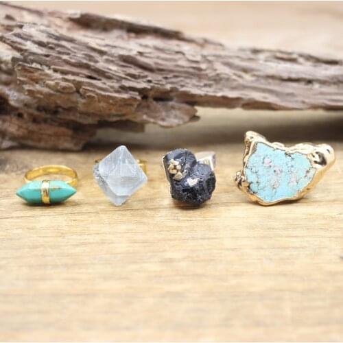 Natural Stone Ring Blue Turquoises Slab Fluorite Raw Black Tourmaline Adjustable Ring Fashion Women Jewelry Dropshipping,QC4139
