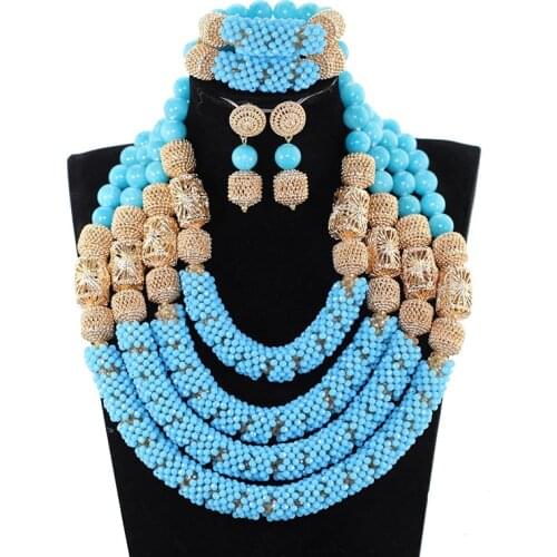 Luxury Light Blue Bold Statement Crystal Necklace Set Big Full African Beads Wedding Jewelry Set Gold Costum Jewellery Set WE149
