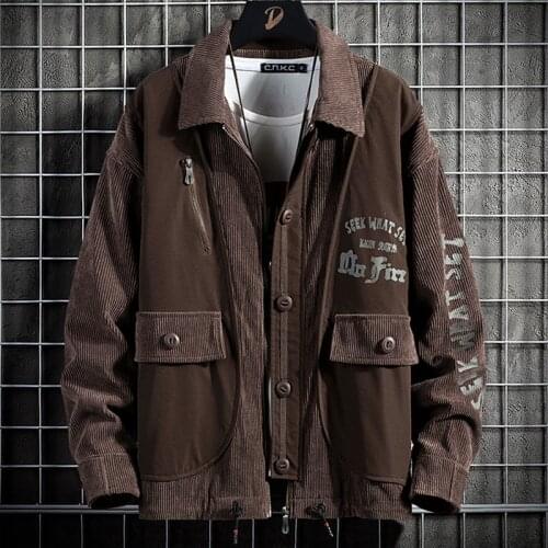 2021 Spring New Fashion Print Multi-Pockets Corduroy Coat Men Workwear Casual Trucker Jacket Plus Size M-6XL