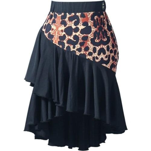 Leopard Latin Dance Skirt Ruffle Ice Silk Tango Skirt Clothing Women S-L Size Competition Performance Practice Dancewear