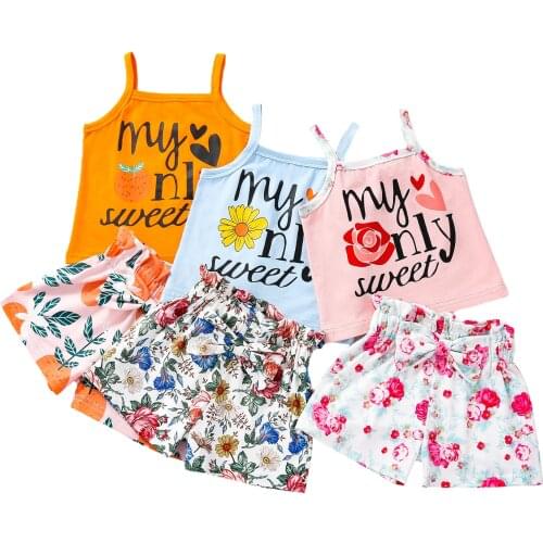 Girl’s Summer Two Piece Set Fashion Letter Suspender Tops and Bow Printing Short Pants 18M-6T