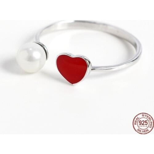 LKO Romantic Pearl Heart Drop Glaze Enamel Ring 925 Sterling Silver For Women Wedding Party Fine Charm Jewelry Fashion Gifts