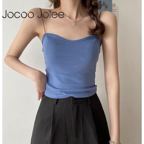 Jocoo Jolee Elegant Ribbed Strap Tank Tops Women Summer Sleeveless Chest Pad Simple Solid Camis Casual Cropped Tops Ladies Vest
