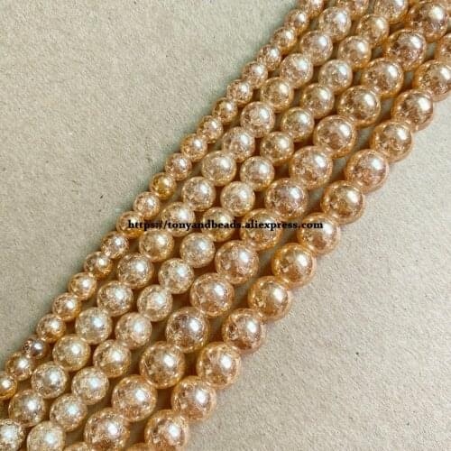 Natural Stone Champagne Color Dyed Snow Cracked Crystal Round Loose Beads 15" 4 6 8 10 12MM Pick Size For Jewelry Making DIY